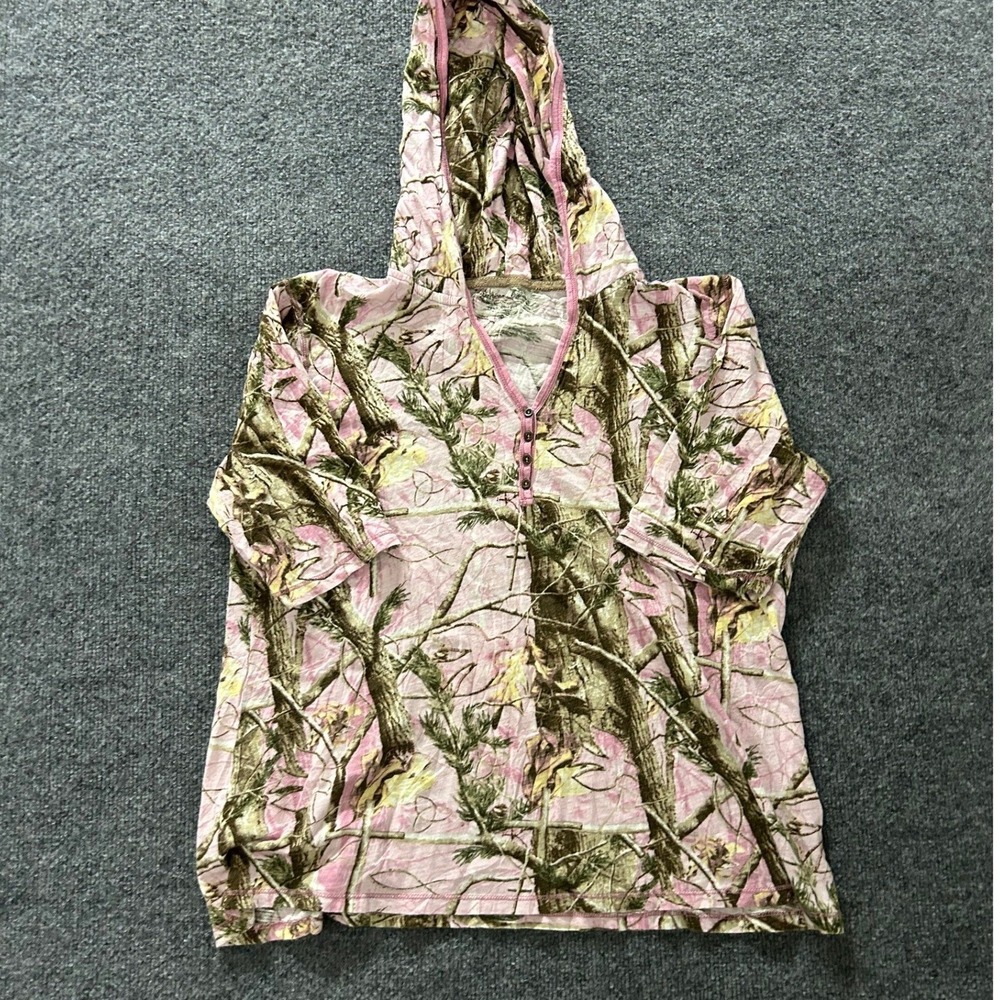American Dream Hoodie Womens Size M Pink Camo Cotton Henley Short Sleeve Outdoor